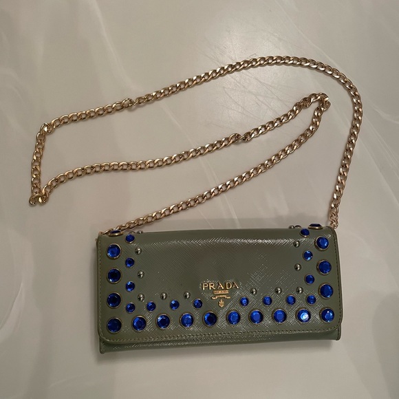 Authentic Prada Vernice Crystal Embellished Lux Lago Paint Green Leather Wallet - Picture 4 of 14
